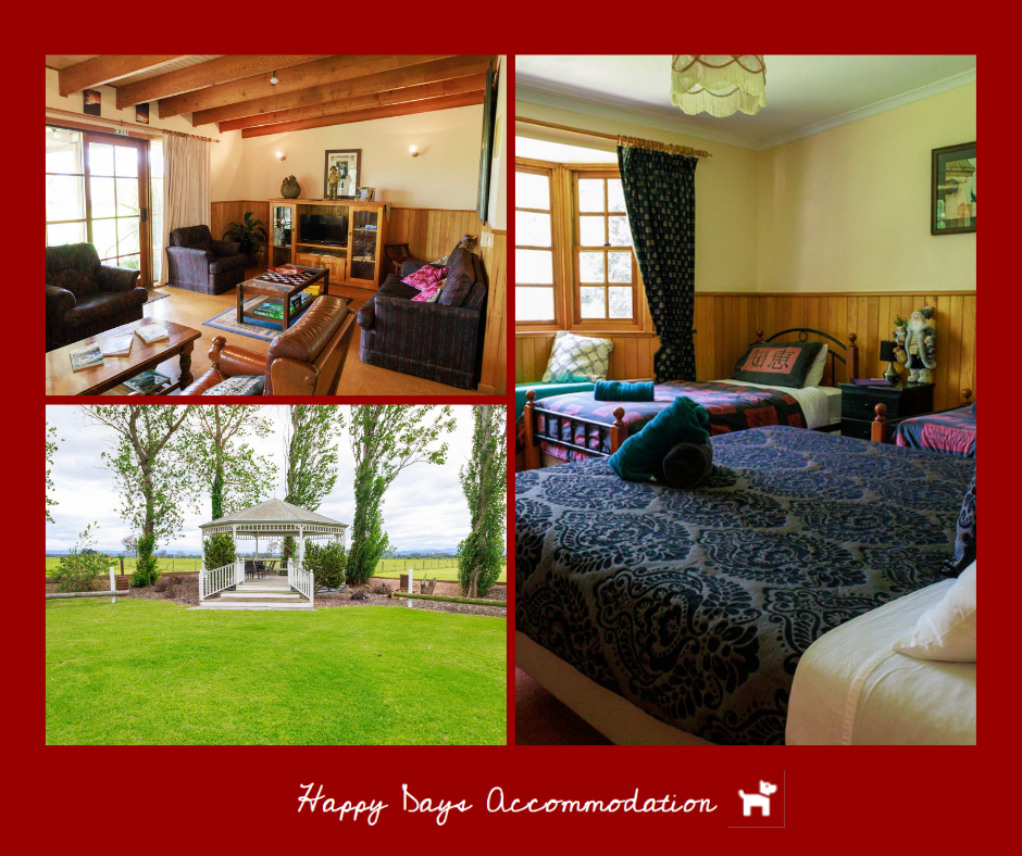 Collage of Happy Days Accommodation: a cosy lounge room, the garden rotunda on the lawn, and a guest bedroom, Tinamba Victoria